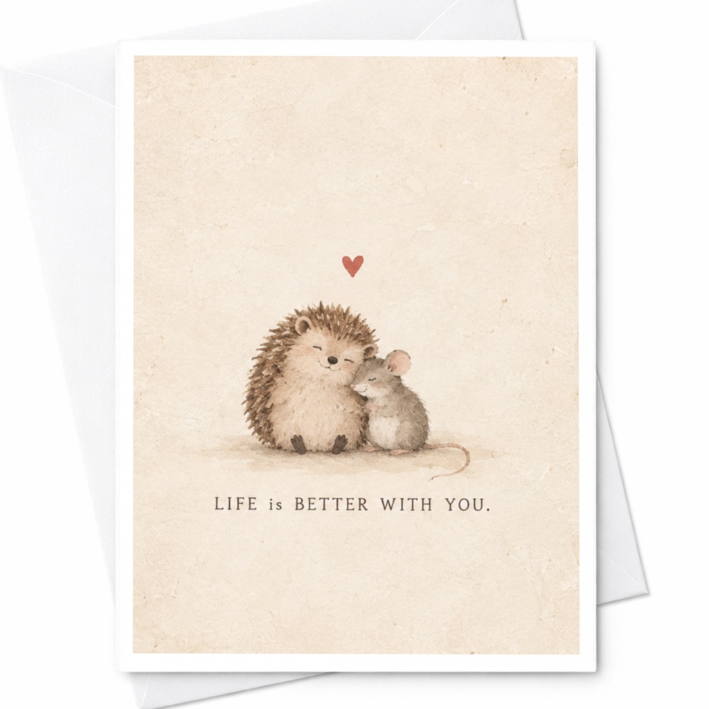 Life Is Better With You Love Card Cute Hedgehog And Mouse Illustration Romantic Greeting Card For Her Anniversary Card C9956