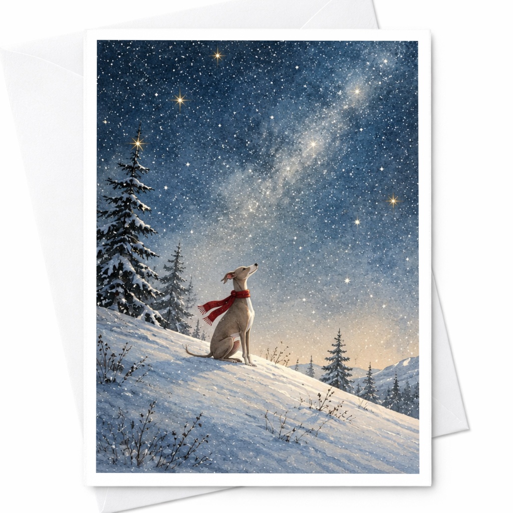Dog In Snowy Landscape Blank Greeting Card Winter Scene For Dog Lover Starry Night Christmas Card Cute Animal Art C9928