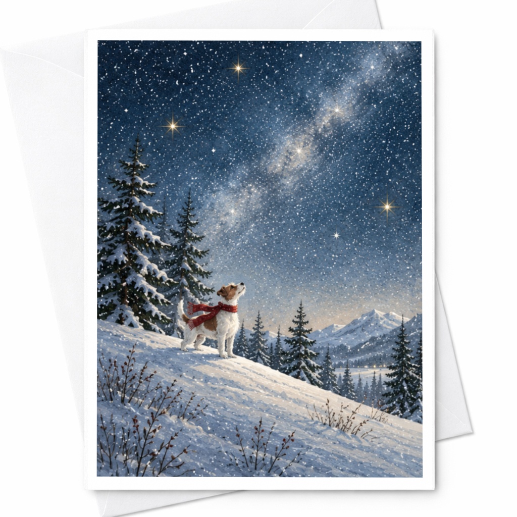Dog In Snowy Landscape Christmas Card Winter Wonderland Greeting Card For Dog Lover Starry Night Holiday Card C9932