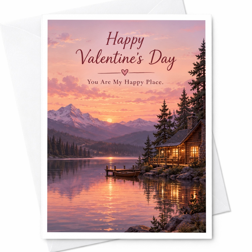 Happy Valentine's Day You Are My Happy Place Romantic Valentine's Day Card Scenic Cabin Lake Sunset For Partner Love C9962