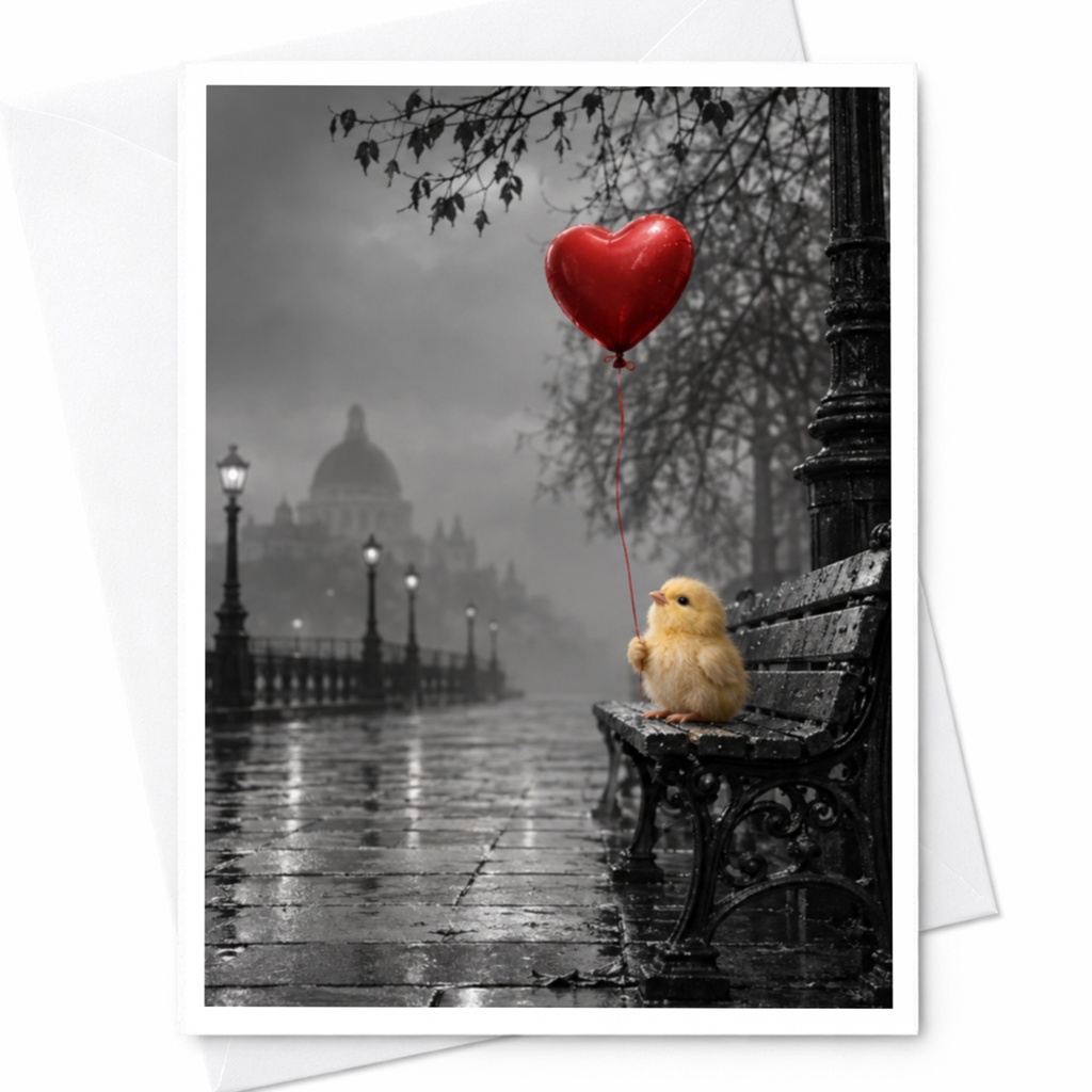 Chick With Heart Balloon Romantic Love Card Cute Animal Greeting Card For Her Anniversary Card Sweet Valentine Card C9964