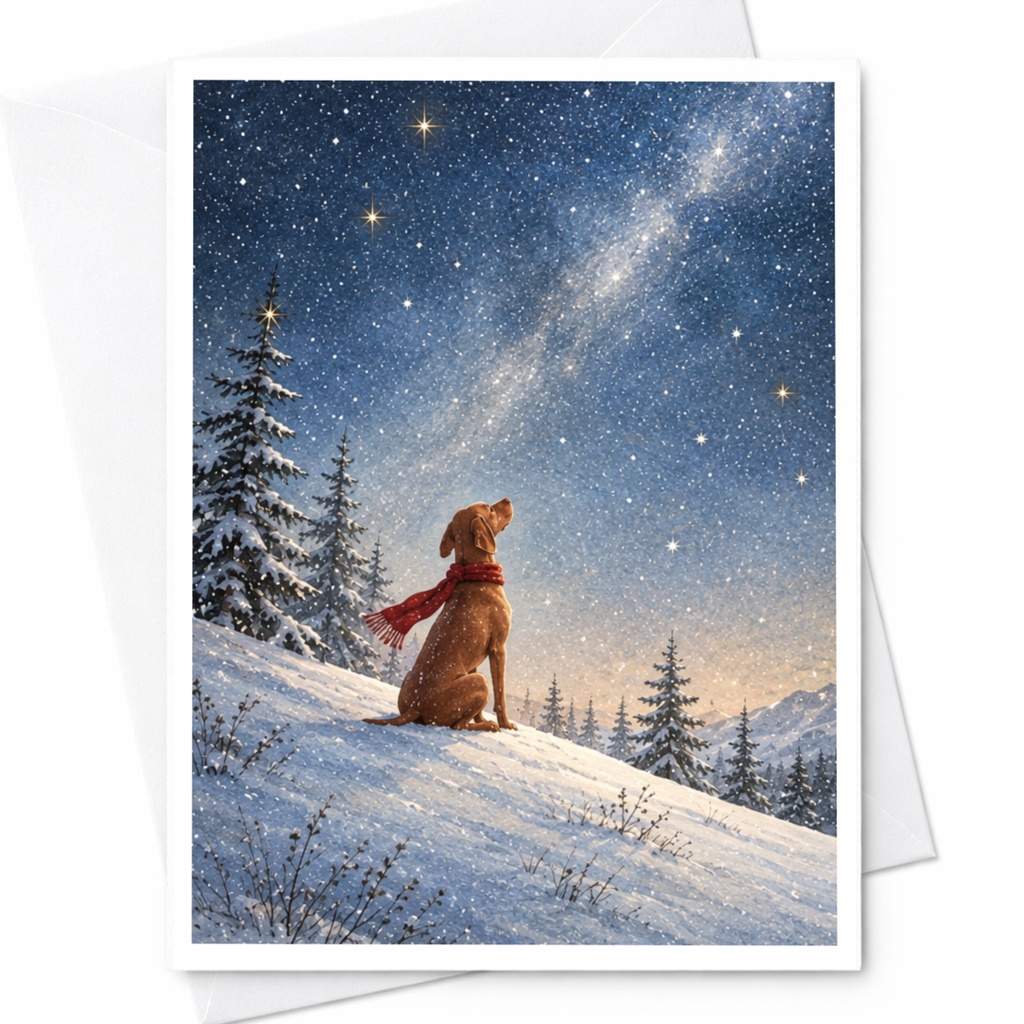 Dog In Snow Christmas Card Winter Scene Greeting Card For Dog Lover Cute Holiday Card Starry Night Scenic Card C9938