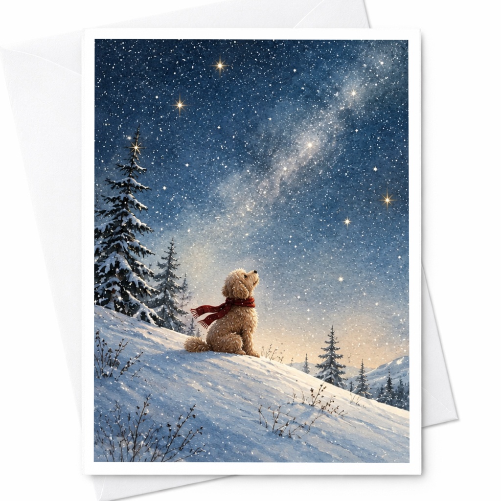 Dog In Snow Under Starry Sky Christmas Card Winter Scene Greeting Card For Dog Lover Cute Holiday Card Animal Lover C9939
