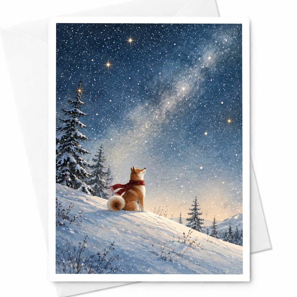 Dog In Snowy Landscape Blank Greeting Card Winter Scene Starry Night For Animal Lover Cute Holiday Card Nature Inspired C9940