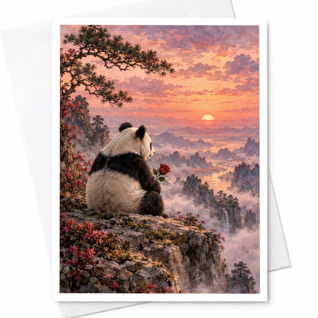 Panda With Rose Blank Greeting Card Romantic Animal Card For Nature Lover Cute Everyday Card Watercolor Scenic Art C9969
