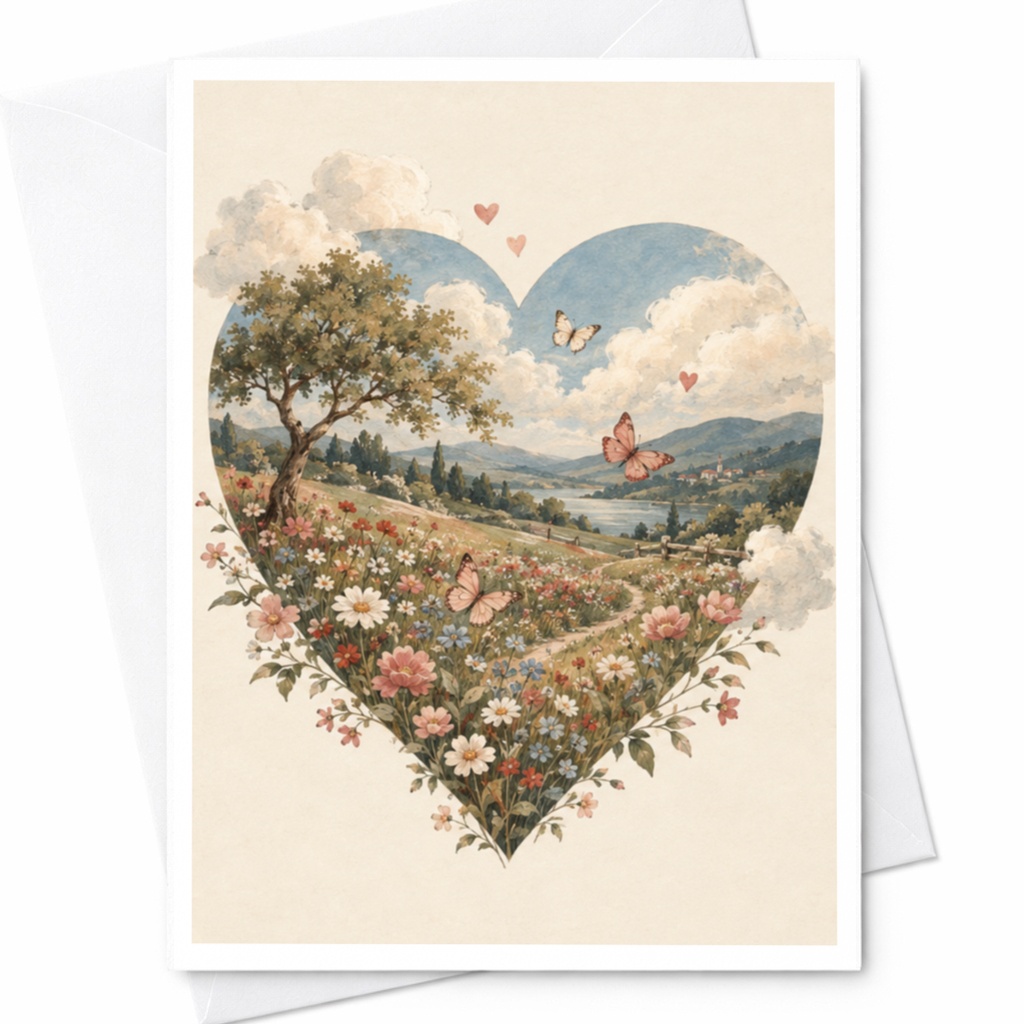 Heart-Shaped Landscape Card Blank Greeting Card Romantic Nature Scene For Her Floral Butterflies Anniversary Wedding C9973