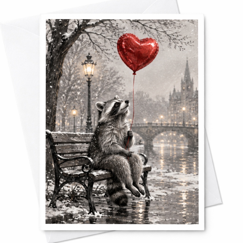 Raccoon With Heart Balloon Love Card Cute Animal Greeting Card Romantic Anniversary Card For Her Sweet Valentine C9957
