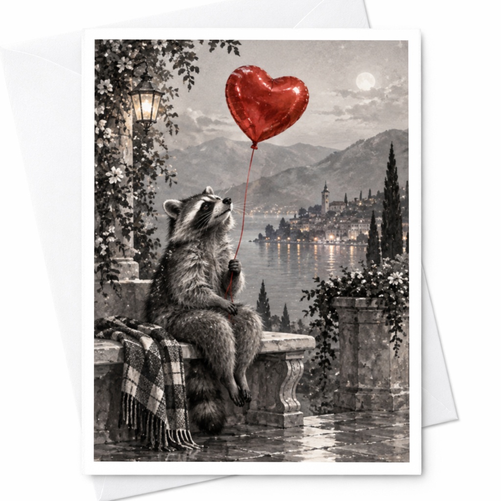 Raccoon With Heart Balloon Love Card Romantic Animal Greeting Card Cute Anniversary Card For Her Him Valentine C9958