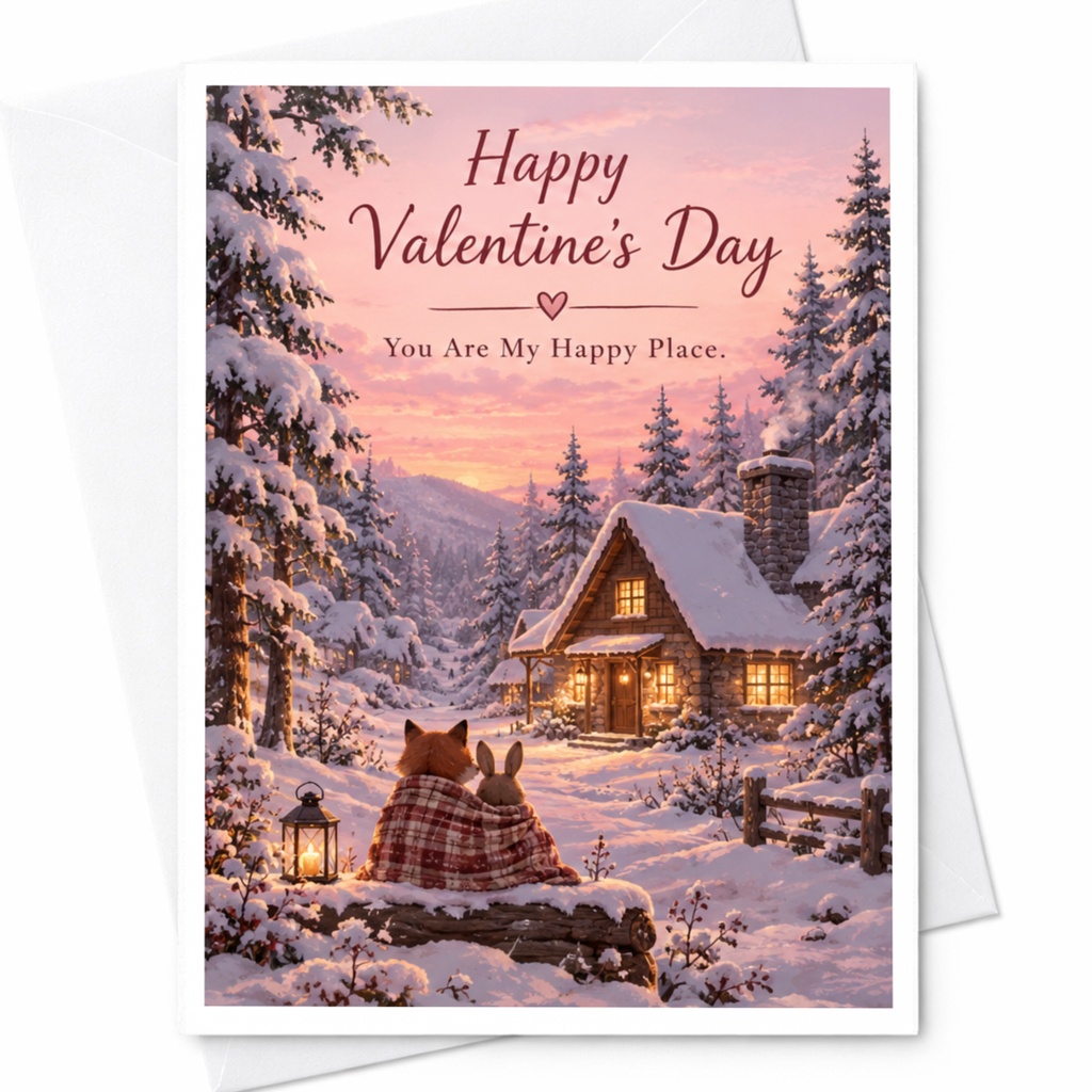 Happy Valentine's Day You Are My Happy Place Valentine's Day Card Cute Fox Rabbit Winter Scene Romantic Greeting Card C9961