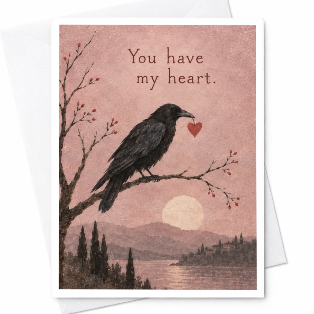 You Have My Heart Romantic Love Card Raven With Heart Illustration Cute Greeting Card For Her Anniversary Card C9965