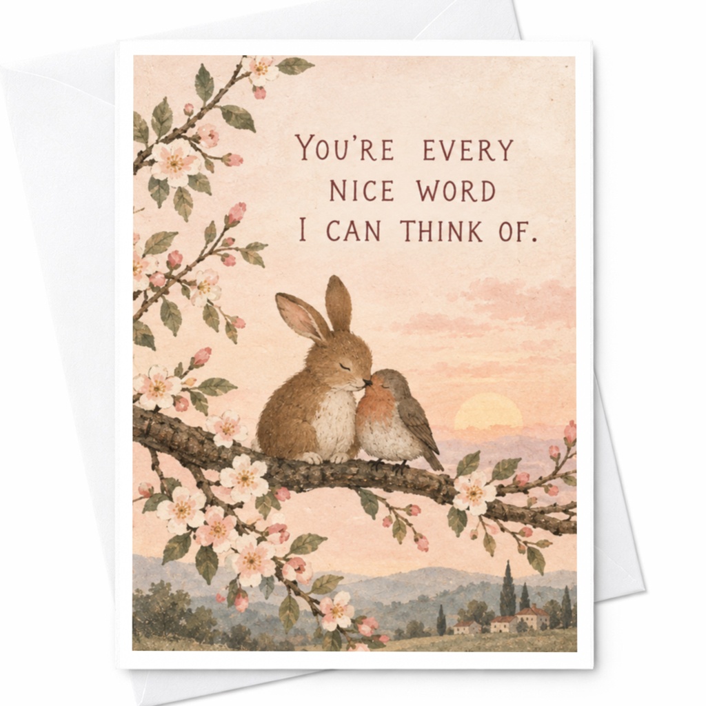 You're Every Nice Word I Can Think Of Love Card Cute Bunny Bird Illustration Romantic Greeting Card For Her Anniversary C9993