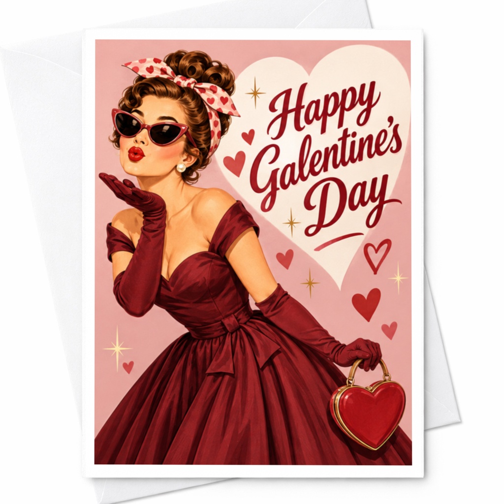 Happy Galentine's Day Retro Greeting Card For Her Vintage Style Friendship Card Cute Heart Purse Fun Celebration C9996