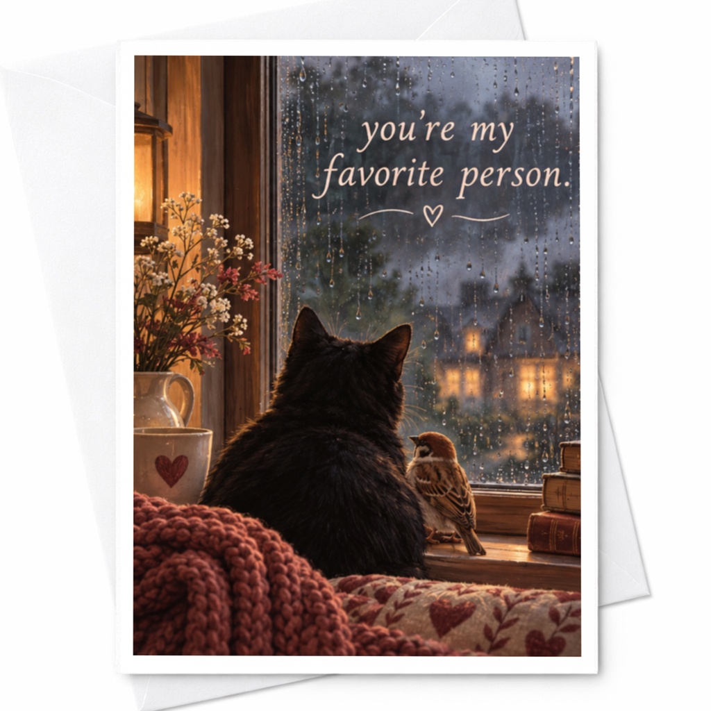 You're My Favorite Person. Love Card Cute Cat And Bird Illustration Romantic Greeting Card For Her Anniversary Card C10006