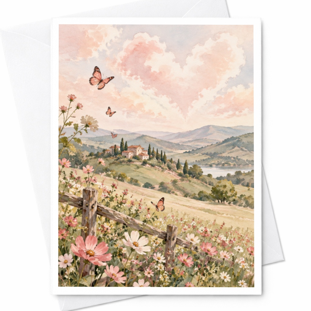 Countryside Landscape Card Heart-Shaped Clouds Blank Greeting Card Romantic Nature Scene For Her Anniversary Card C9979
