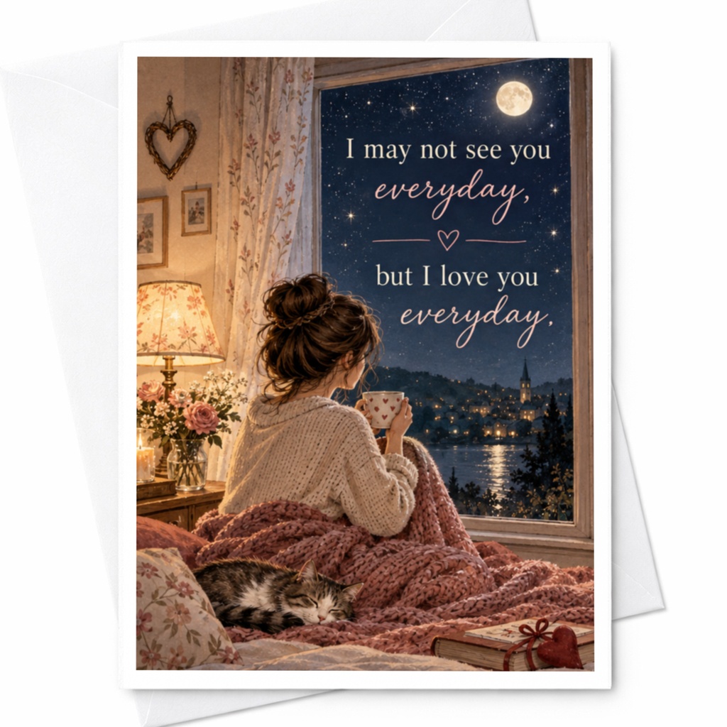 I May Not See You Everyday But I Love You Everyday Romantic Love Card For Her Cute Greeting Card Cozy Night Scene C10007