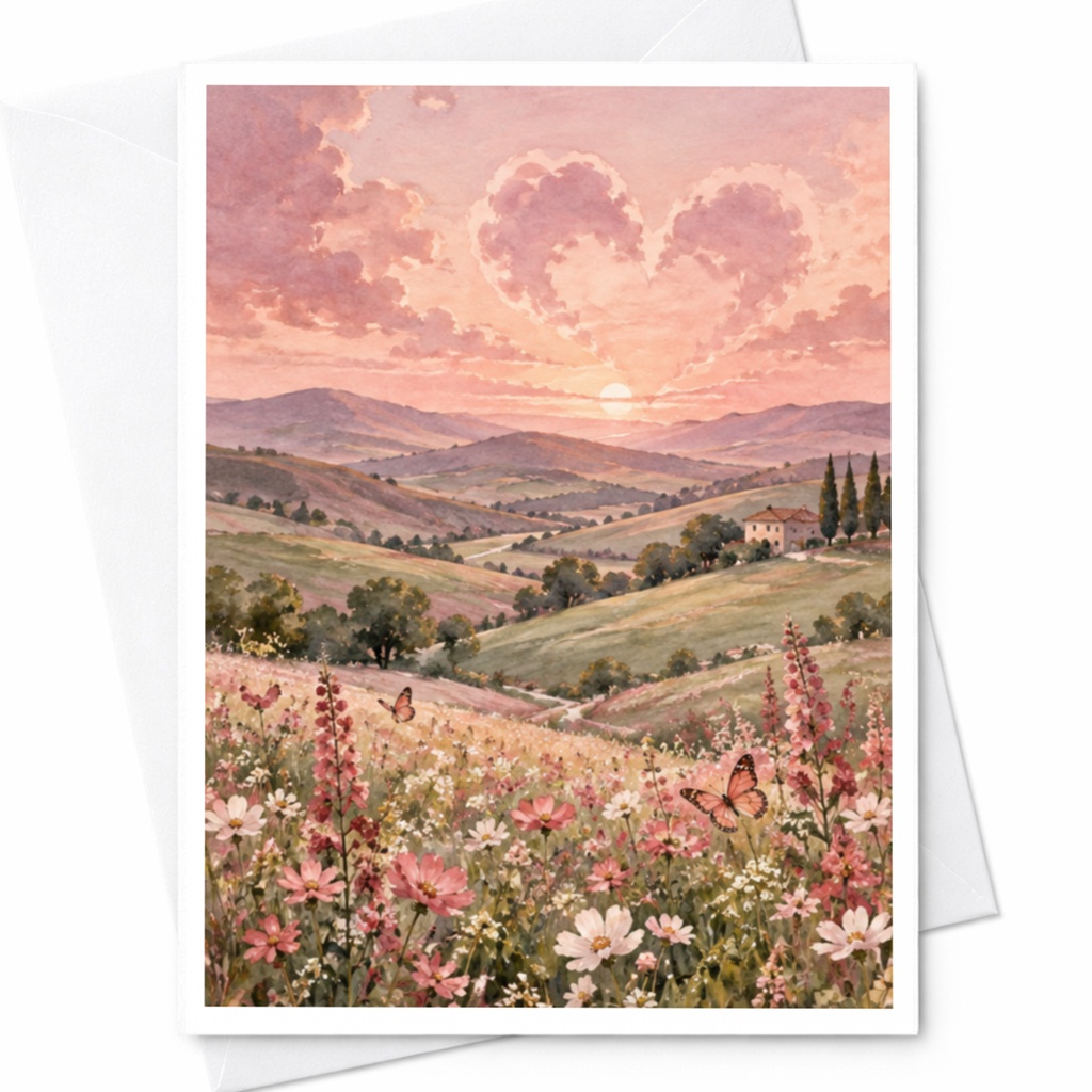 Heart-Shaped Clouds Romantic Greeting Card Scenic Landscape Love Card For Her Anniversary Card Watercolor Art Nature C9980