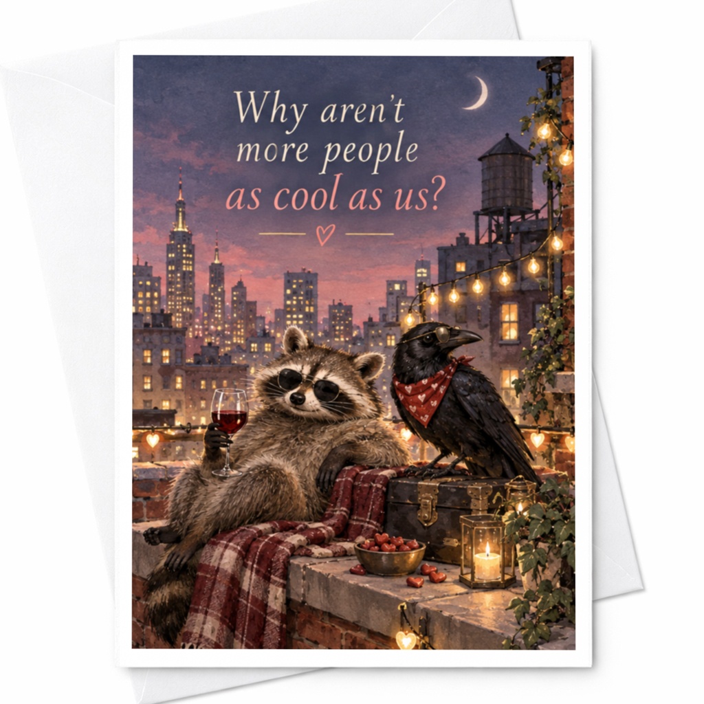 Why Aren't More People As Cool As Us? Funny Friendship Card Raccoon Crow Rooftop Scene Cute Animal Greeting Card For Friend C10012