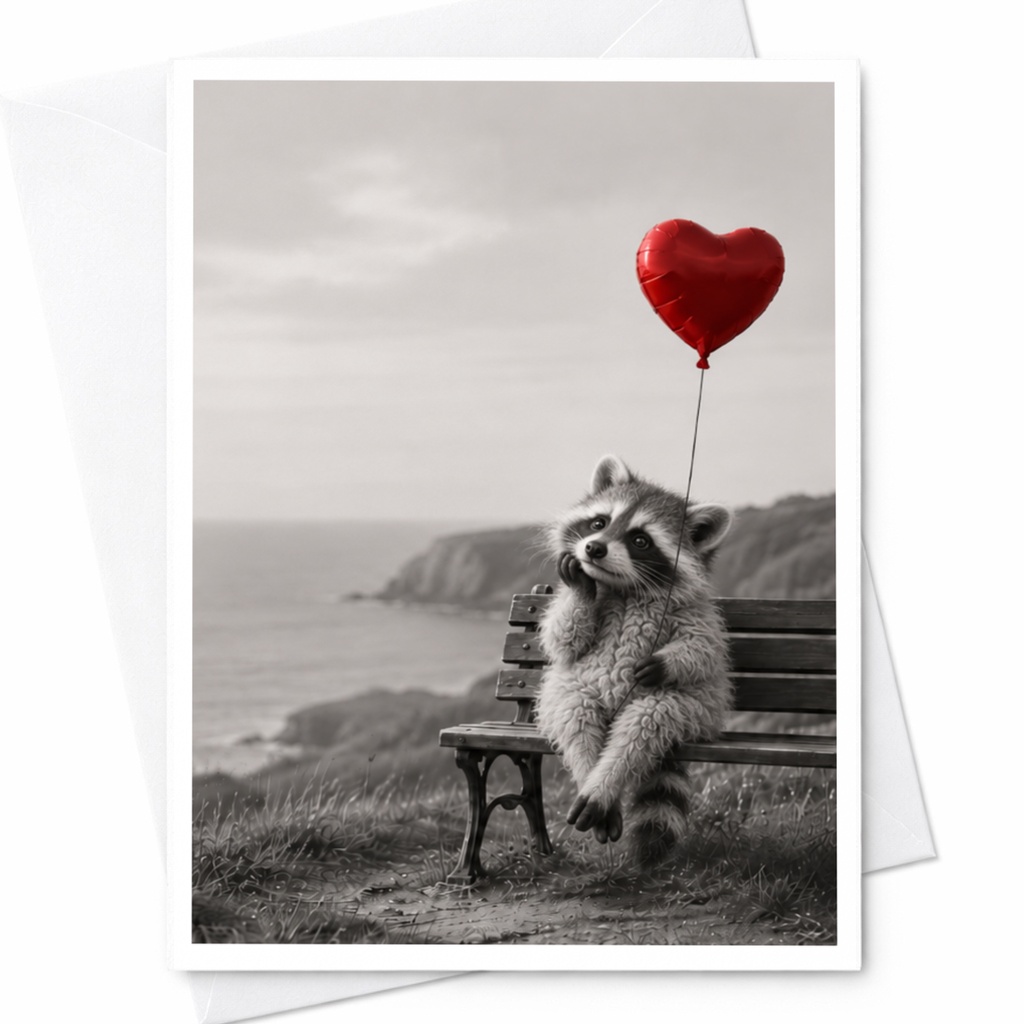 Raccoon With Heart Balloon Love Card Cute Animal Greeting Card Romantic Anniversary Card For Her Him Sweet Couple C10018