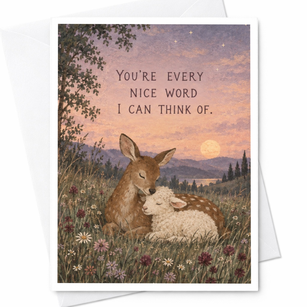 You're Every Nice Word I Can Think Of Sweet Greeting Card Love Appreciation Card Cute Deer Lamb Illustration For Her Romantic C9994