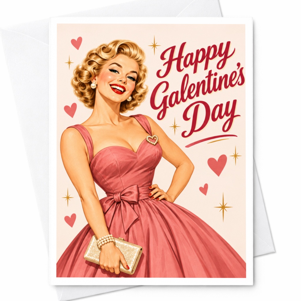 Happy Galentine's Day Retro Galentine's Day Card For Her Vintage Style Greeting Card Cute Pink Dress Friend Celebration C9995