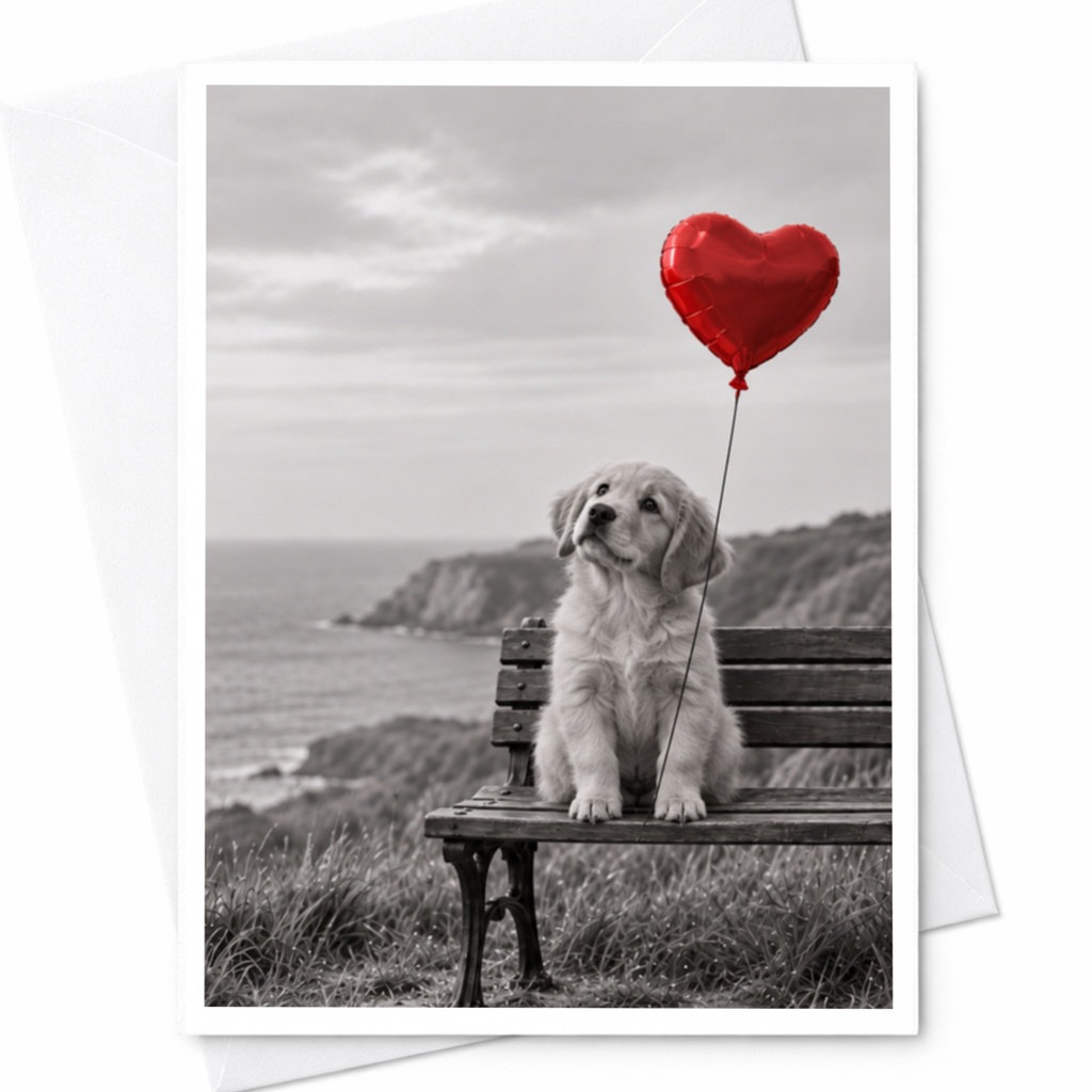 Puppy With Heart Balloon Love Card Romantic Greeting Card For Dog Lover Cute Anniversary Card Sweet Valentine’s Day Card C10026