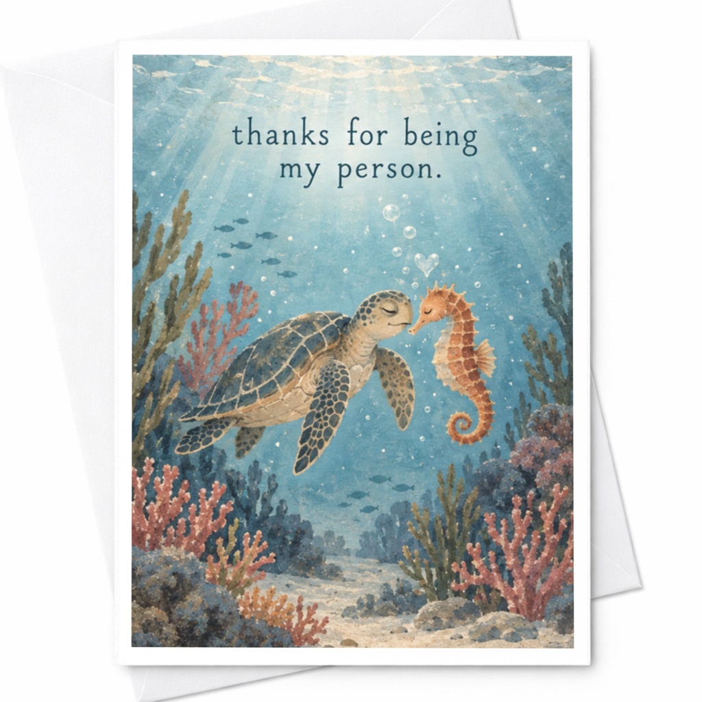 Thanks For Being My Person. Thank You Card Cute Turtle Seahorse Ocean Scene For Friend Romantic Animal Lover Greeting Card C9997