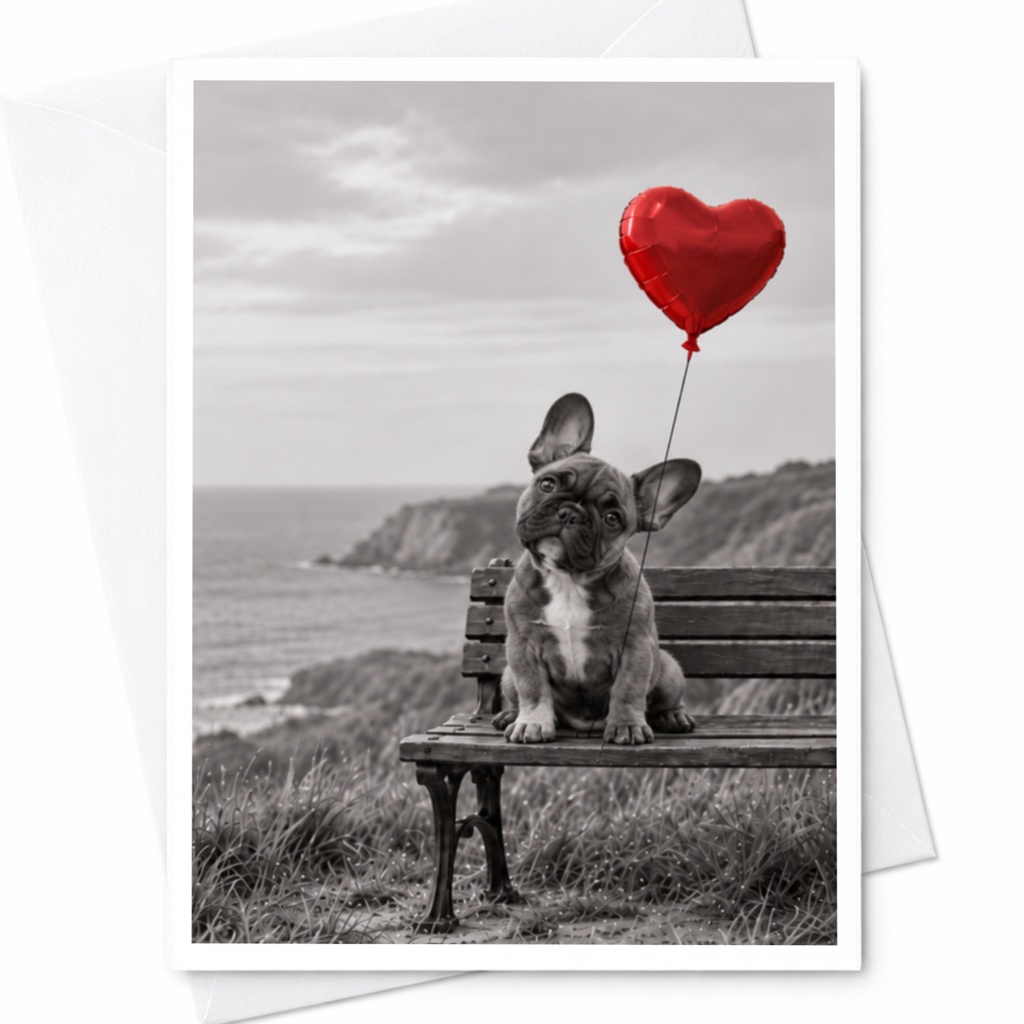 French Bulldog With Heart Balloon Love Card Cute Dog Greeting Card Romantic Animal Card For Dog Lover Anniversary Card C10028