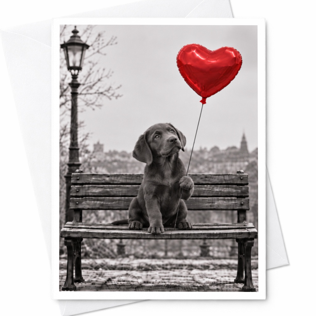 Puppy With Heart Balloon Love Card Cute Romantic Greeting Card For Dog Lover Anniversary Card Sweet Animal Card C10031