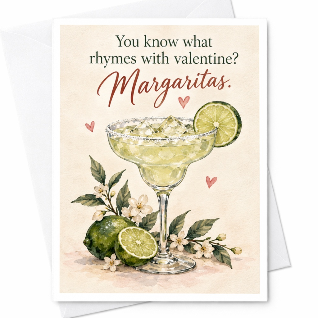 You Know What Rhymes With Valentine? Margaritas Valentine's Day Card Funny Love Card For Her Cute Margarita Drink Card C10003