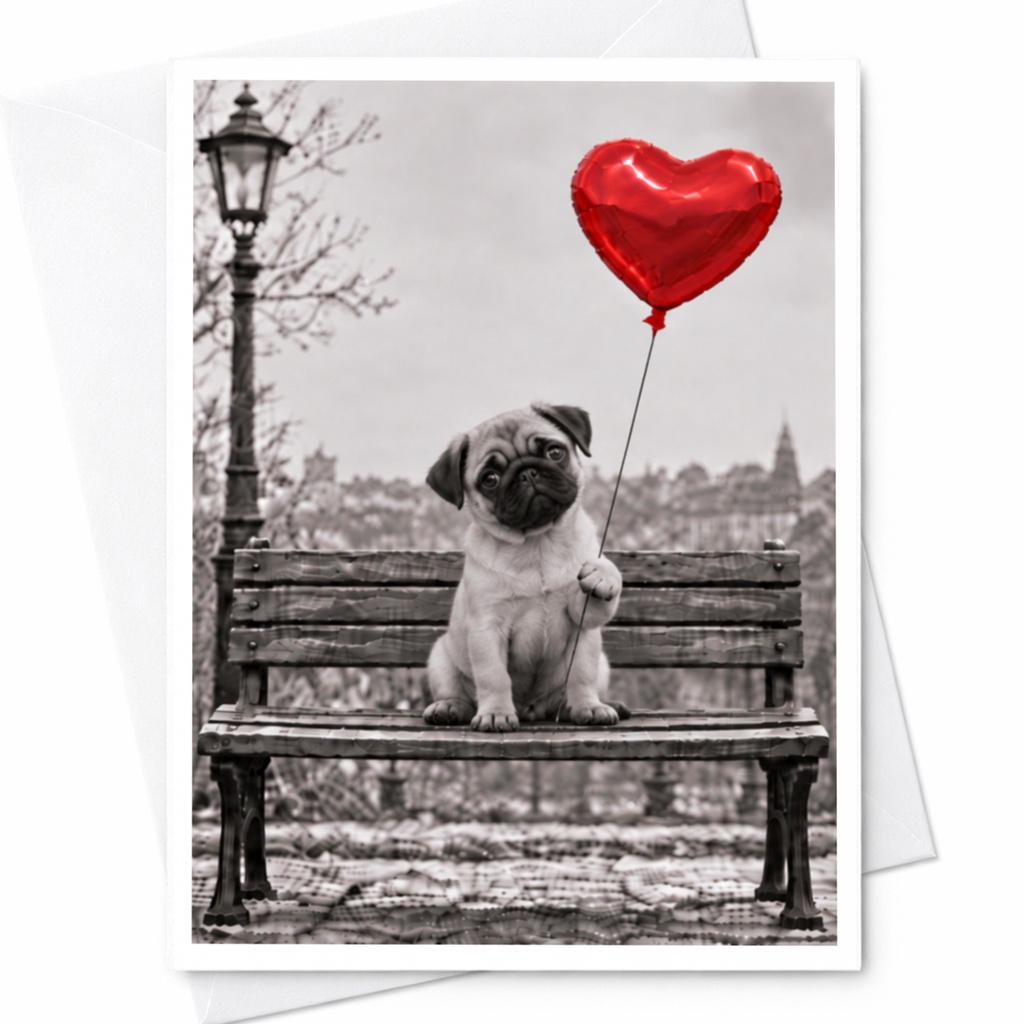 Pug With Heart Balloon Love Card Cute Romantic Greeting Card For Dog Lover Anniversary Card Sweet Animal Card C10037