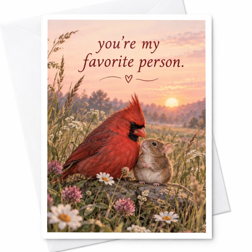 You're My Favorite Person. Love Card Cute Cardinal Mouse Illustration Romantic Greeting Card For Her Anniversary Card C10005