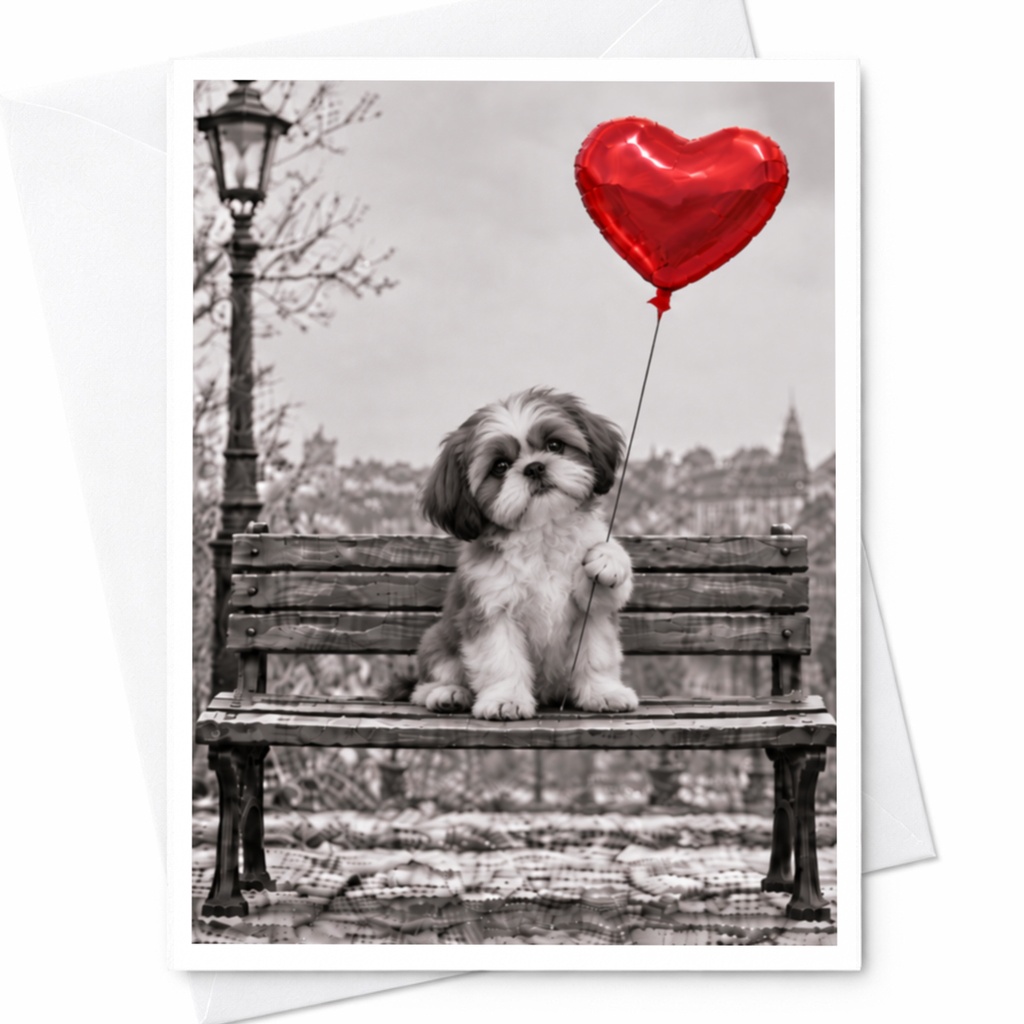 Puppy With Heart Balloon Love Card Cute Romantic Greeting Card For Dog Lover Anniversary Card Sweet Animal Card C10039