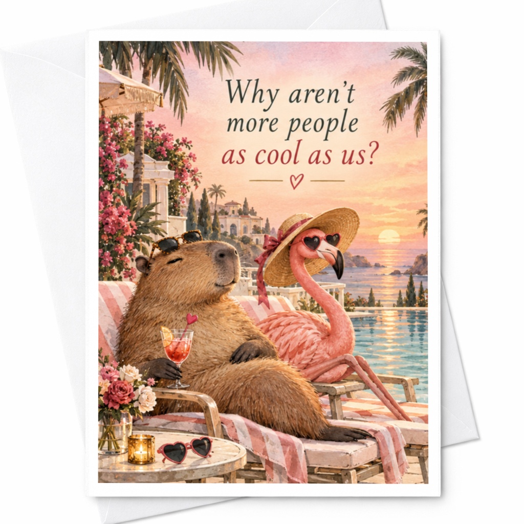 Why Aren't More People As Cool As Us? Funny Greeting Card Capybara Flamingo Relaxing Cute Animal Card For Friends C10011