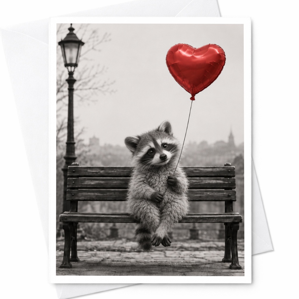 Raccoon With Heart Balloon Love Card Cute Animal Greeting Card Romantic Anniversary Card For Her Him Sweet Valentine C10017