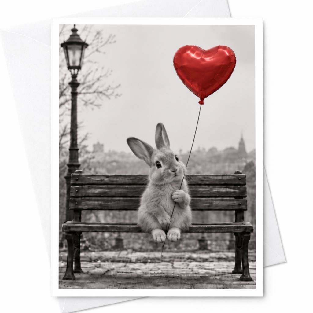 Bunny With Heart Balloon Love Card Cute Animal Greeting Card Romantic Anniversary Card For Her Sweet Valentine Card C10021