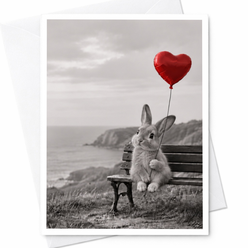 Bunny With Heart Balloon Love Card Cute Romantic Greeting Card For Her Anniversary Card Animal Lover Sweet Card C10022