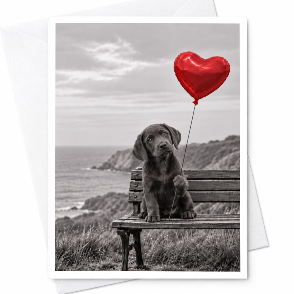 Puppy With Heart Balloon Love Card Cute Romantic Greeting Card For Dog Lover Anniversary Card Sweet Animal Card C10032