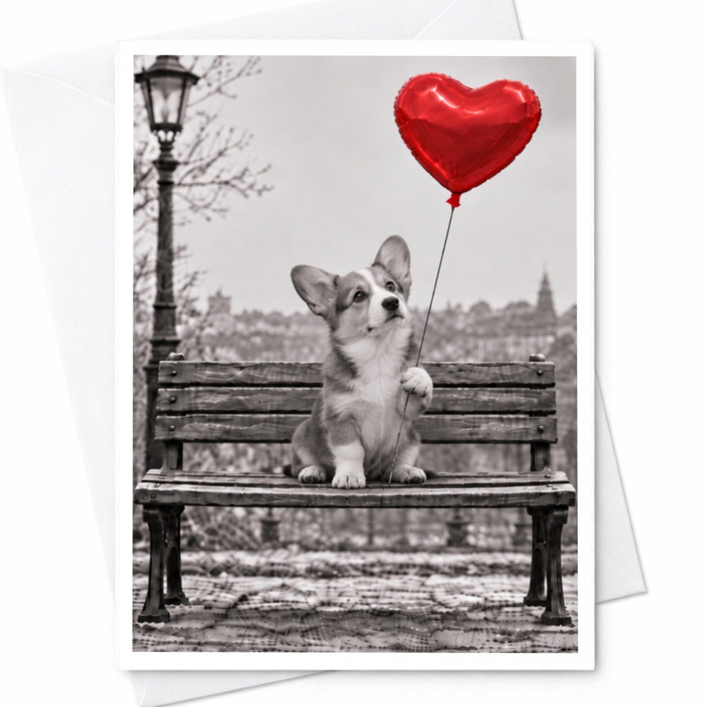 Corgi With Heart Balloon Love Card Cute Dog Greeting Card Romantic Animal Card For Dog Lover Anniversary Card C10033