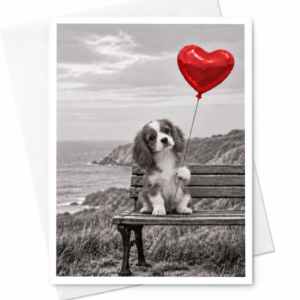 Puppy With Heart Balloon Love Card Cute Romantic Greeting Card For Dog Lover Anniversary Card Sweet Animal Card C10036