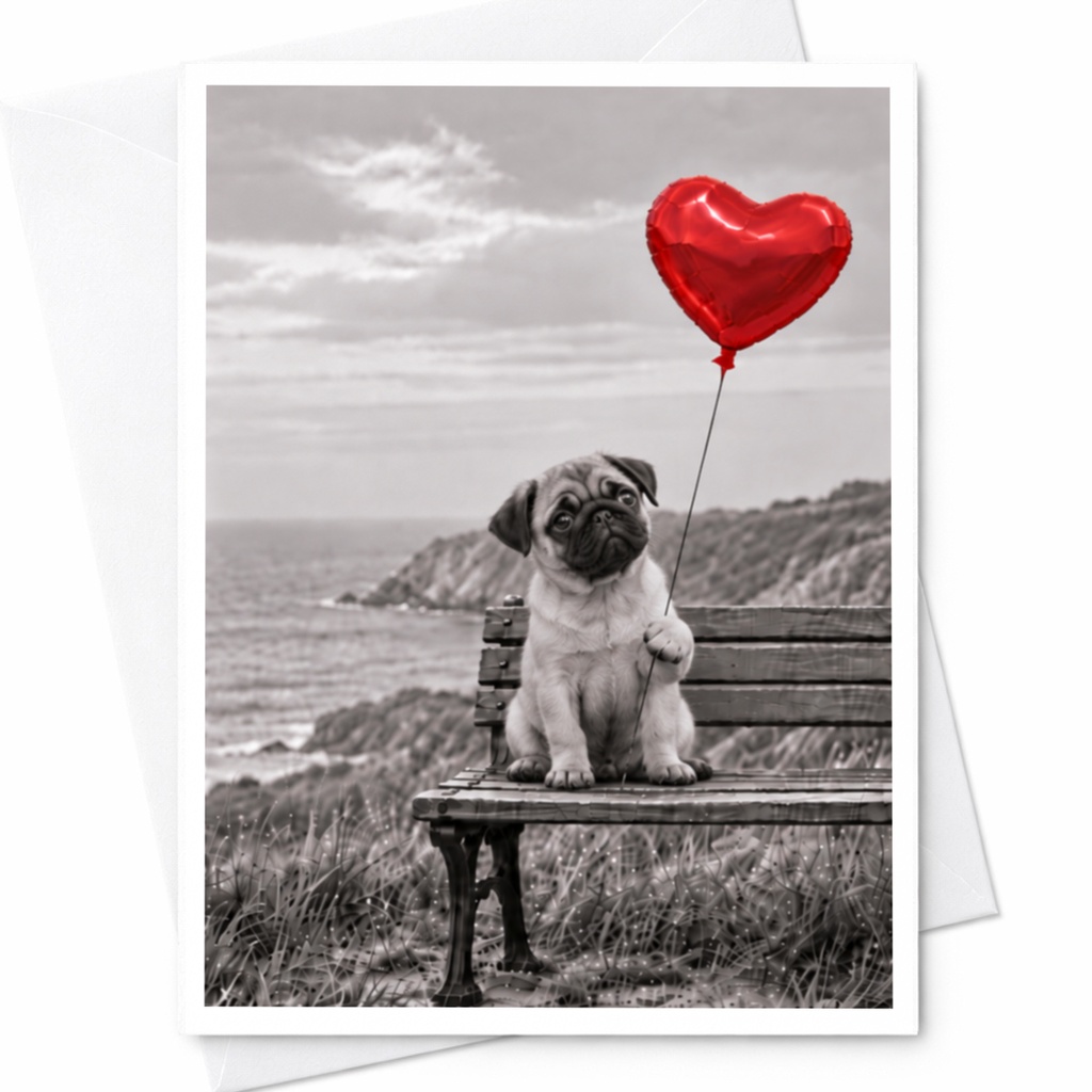 Pug With Heart Balloon Love Card Cute Dog Greeting Card Romantic Anniversary Card For Dog Lover Sweet Valentine Card C10038