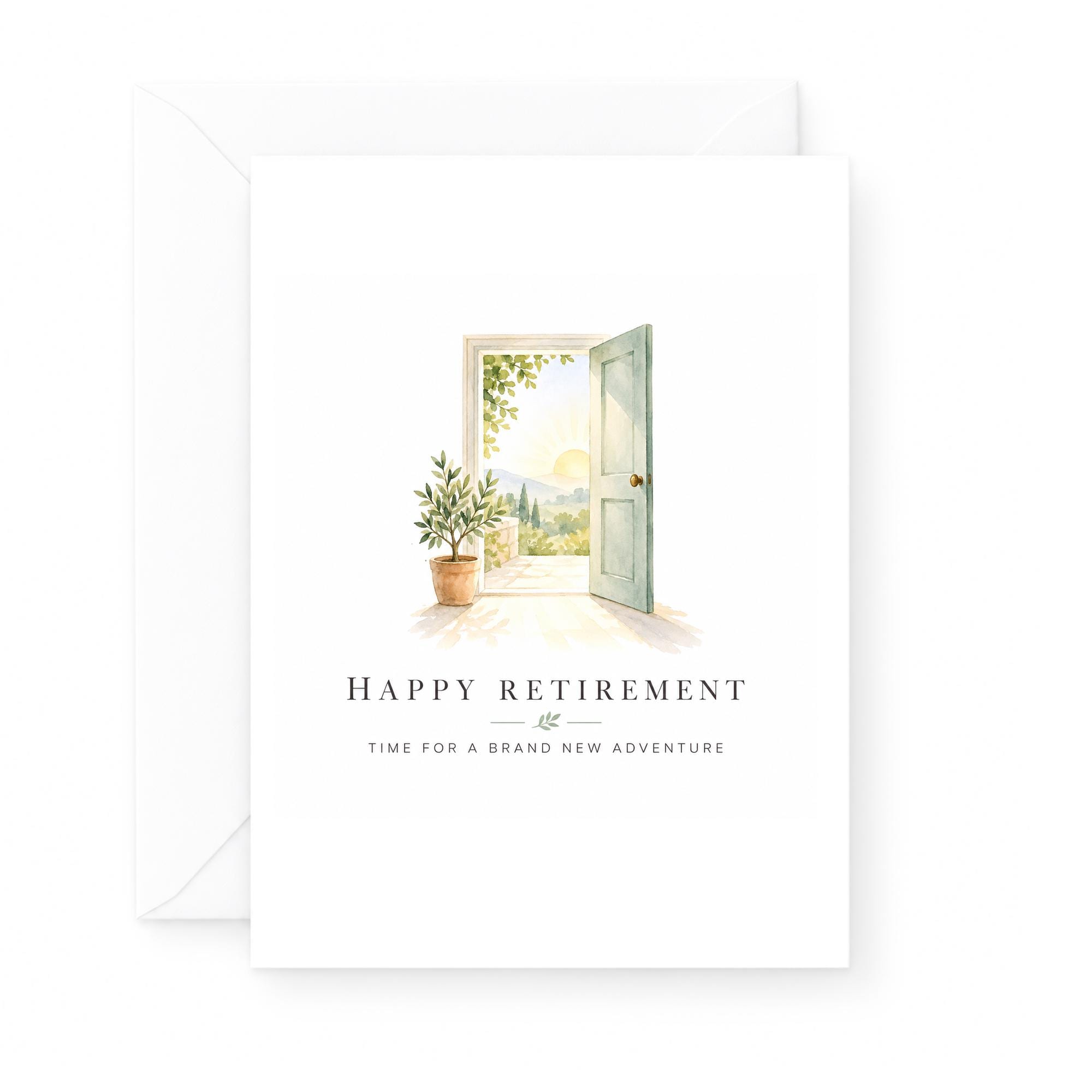 Happy Retirement Time For A Brand New Adventure Retirement Card For Colleague Friend Watercolor Open Door Sunrise C1934