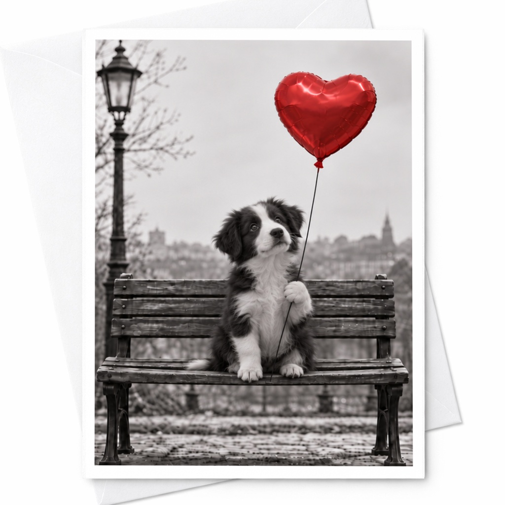 Puppy With Heart Balloon Love Card Cute Romantic Greeting Card For Dog Lover Anniversary Card Sweet Animal Card C10054