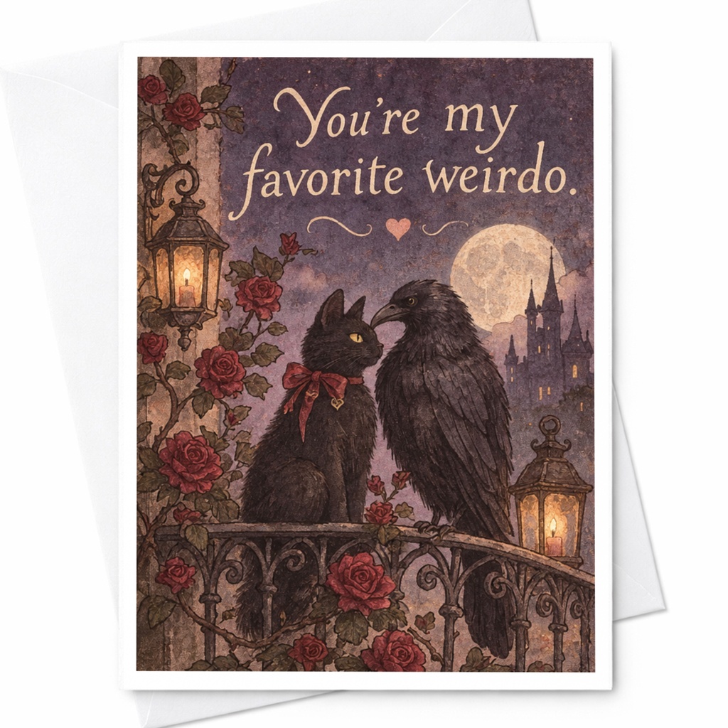 You're My Favorite Weirdo Love Card Romantic Cat And Crow Illustration Cute Greeting Card For Partner Anniversary C10056