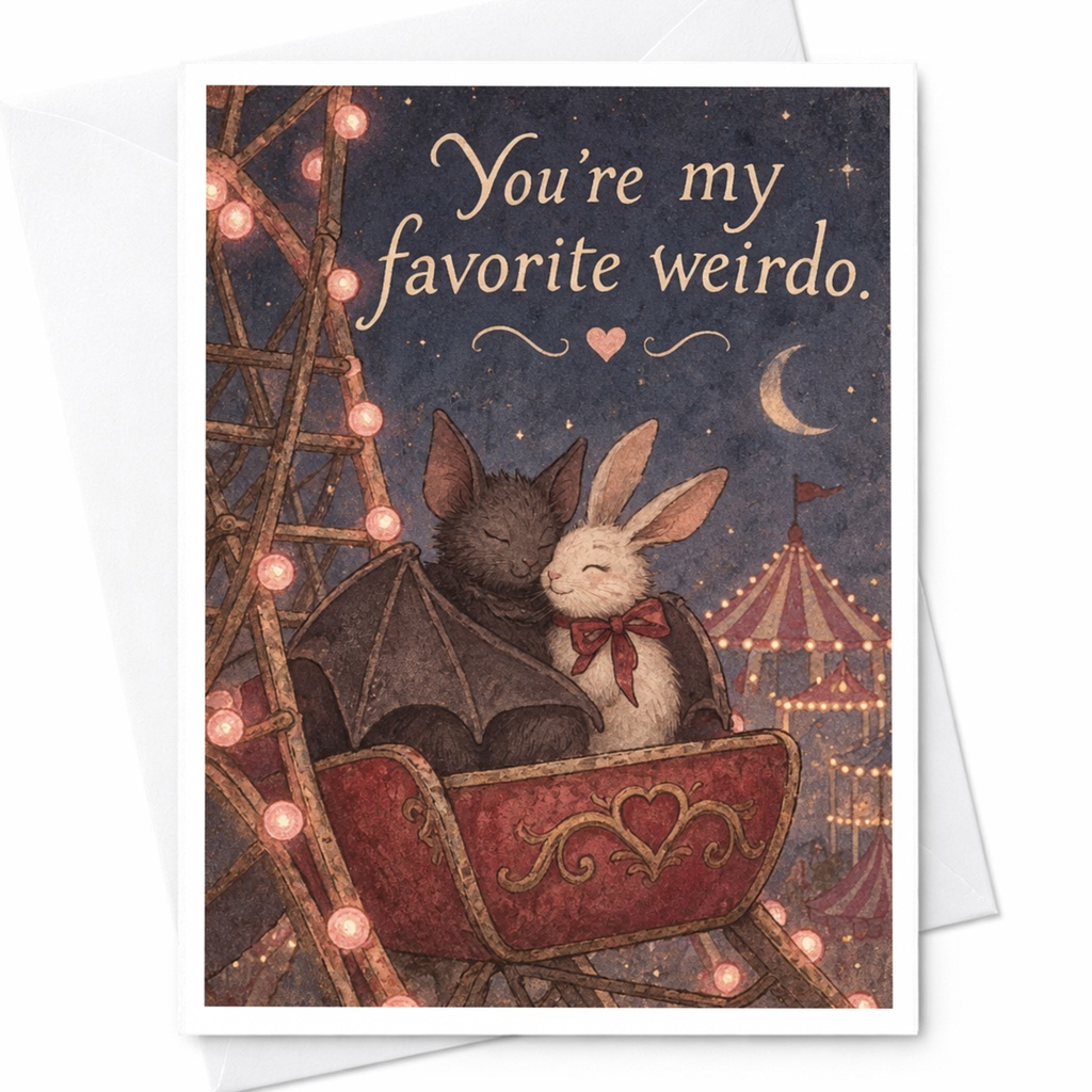 You're My Favorite Weirdo Love Card Cute Bat Rabbit Illustration Romantic Greeting Card For Partner Anniversary Card C10057