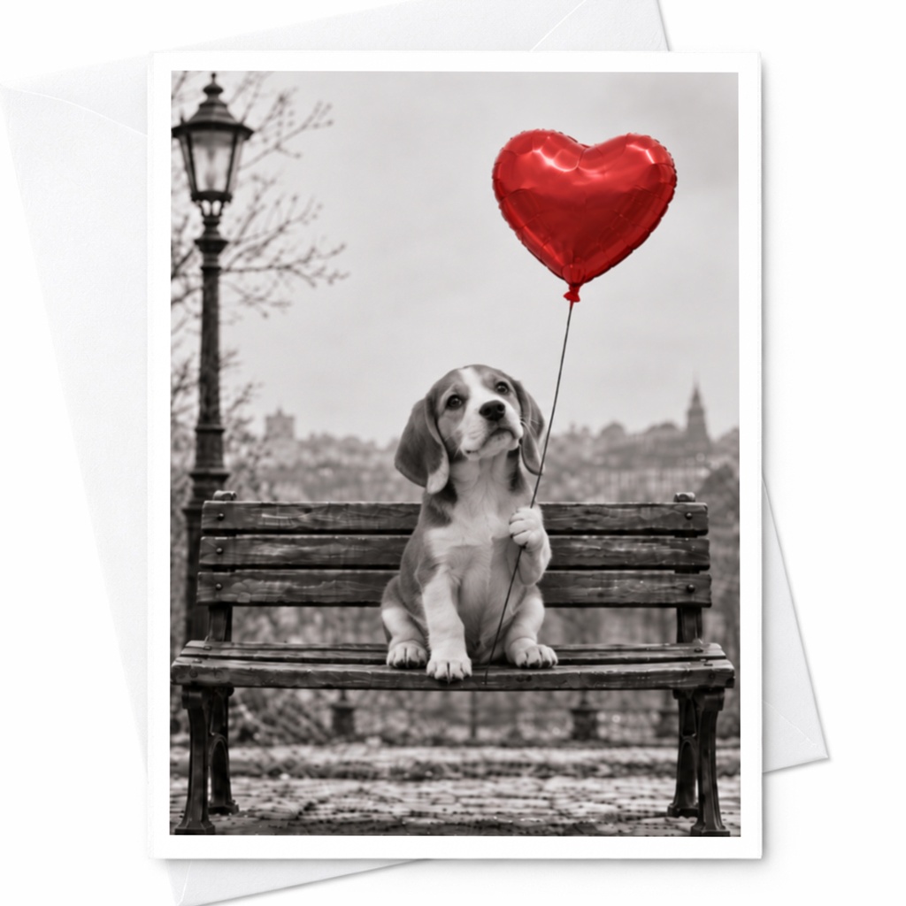 Puppy With Heart Balloon Love Card Cute Romantic Greeting Card For Dog Lover Anniversary Card Sweet Animal Card C10068