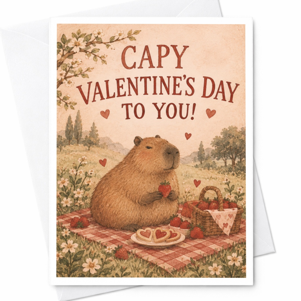Capy Valentine's Day To You! Cute Valentine's Day Card Capybara Picnic Illustration Romantic Greeting Card For Animal Lover C10077