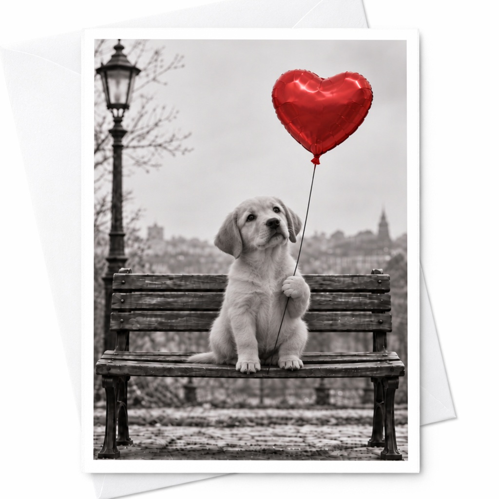 Puppy With Heart Balloon Love Card Cute Romantic Greeting Card For Dog Lover Anniversary Card Sweet Animal Card C10042