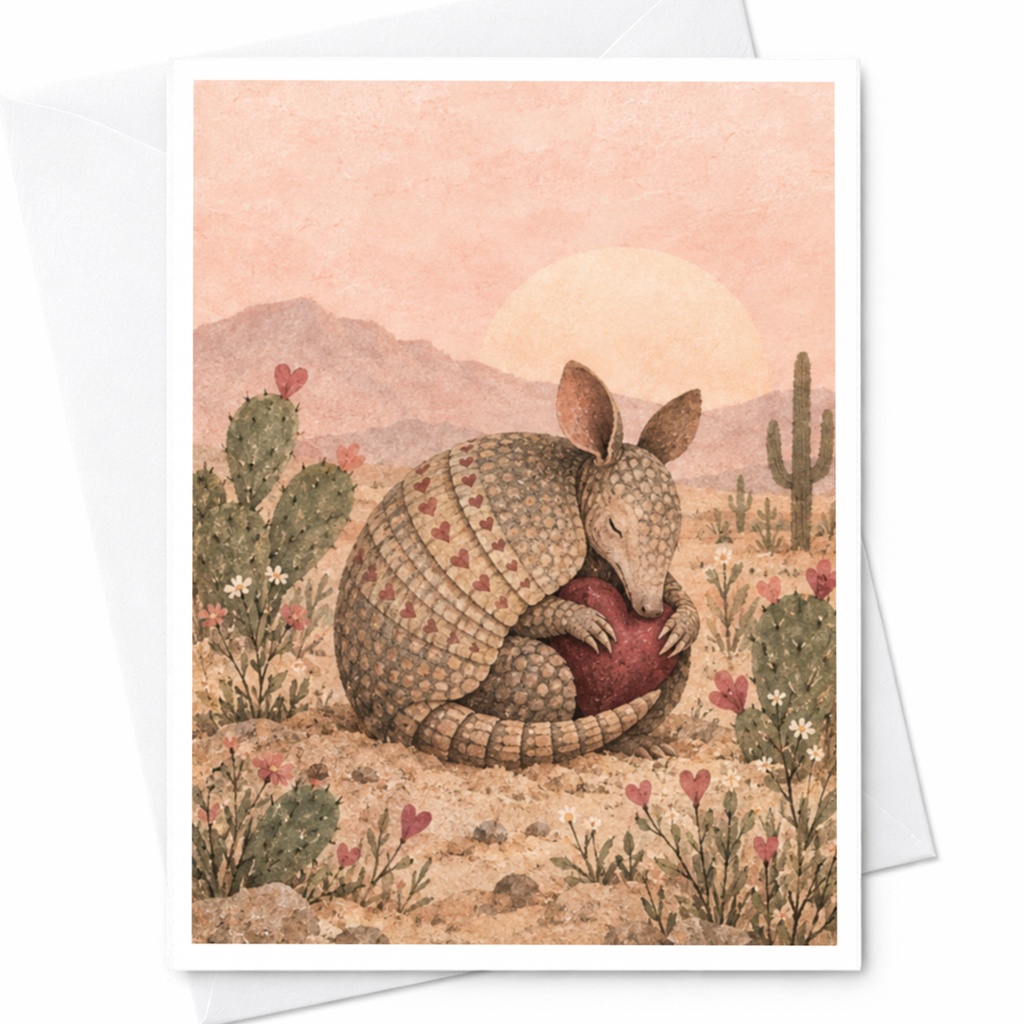 Armadillo Hugging Heart Love Card Cute Animal Greeting Card Romantic Desert Scene For Her Anniversary Card C10044