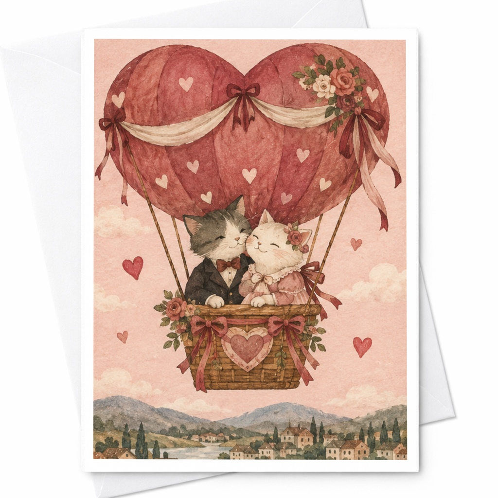 Cats In Heart Balloon Wedding Card Romantic Greeting Card For Couple Cute Animal Love Card Anniversary Card C10085