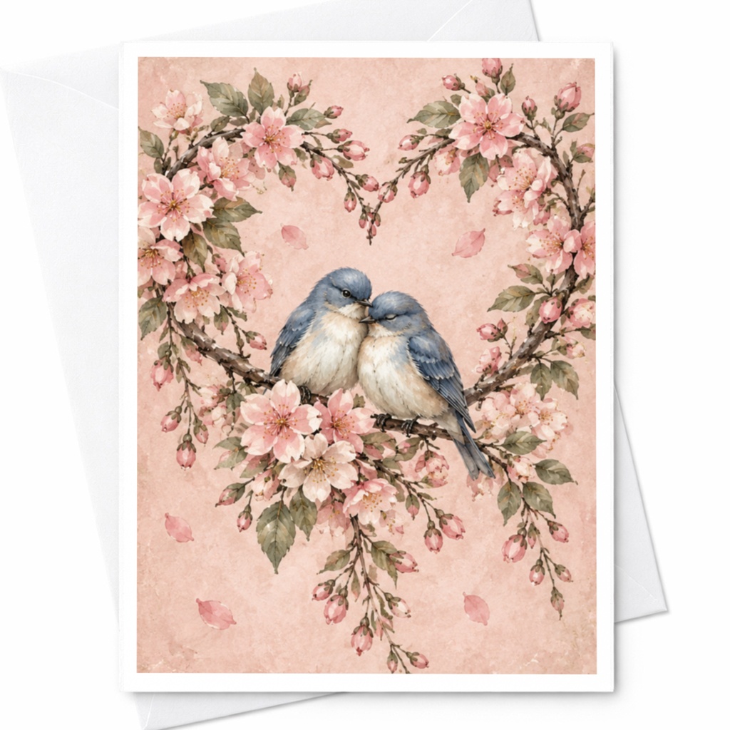 Romantic Bird Floral Heart Wedding Card Cute Love Greeting Card For Couple Anniversary Card Watercolor Nature Art C10087